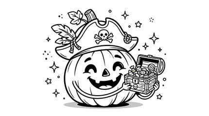 Halloween pirate pumpkin character holding treasure chest, cute jack-o-lantern coloring page, festive autumn holiday vector illustration isolated on White Background