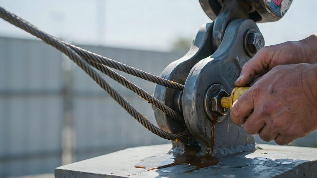 Close-up of a person operating a metal wire cutting machine on a workbench