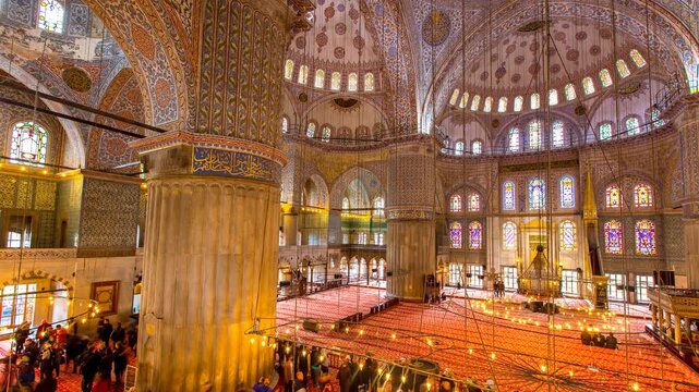 Timelapse inside the Blue Mosque in Istanbul Turkey featuring ornate Ottoman Islamic architecture
