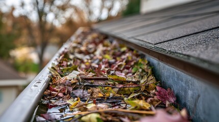 A residential roof gutter overflowing with colorful early autumn leaves, symbolizing one of the most common September home maintenance issues.