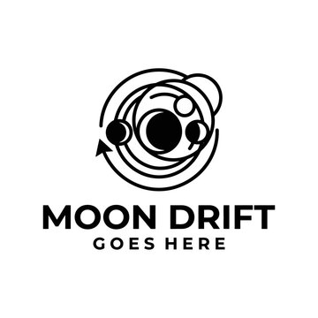 Minimalist black and white logo showing planetary orbits and moon cycles for space and science brands.