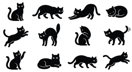 Fototapeta premium Black Cat Silhouettes Collection Vector Illustration On White Background