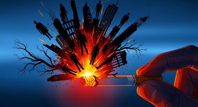Hand holding a lit cigarette with an explosion. People and city silhouettes fly from the fire. Anti-smoking concept for health and safety ads.