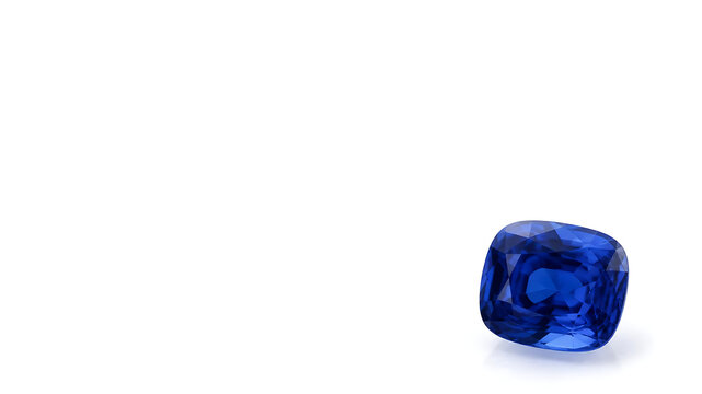 Rare cushion-cut blue sapphire positioned in the lower corner of a pristine white background, expansive negative space for advertising design, luxury gemstone presentation