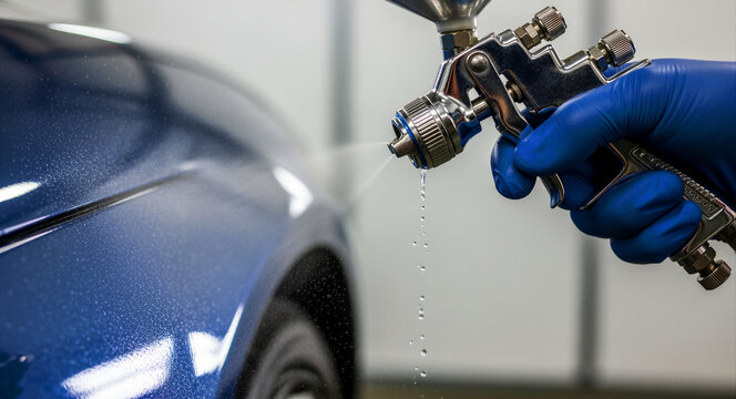 Hand in blue glove using professional spray gun on a metallic blue car. Automotive technician applying coating in a workshop. Auto detailing concept for car repair and maintenance marketing.