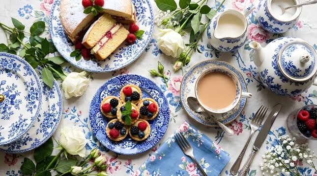 High tea set with sponge cake fruit tarts milk pitcher and teapot on floral table cloth.