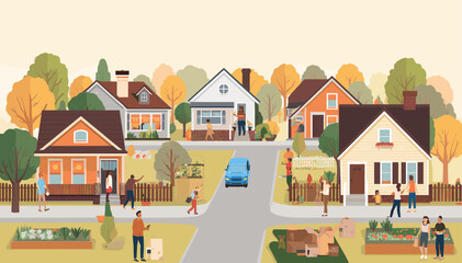 Vibrant suburban neighborhood scene with diverse houses, people engaging in daily activities, autumnal trees, and a community atmosphere.