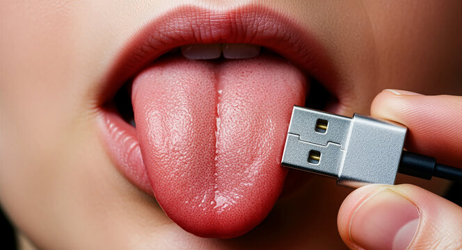 Hand holding a USB cable near an open mouth and protruding tongue. Macro shot of a person connecting to technology through their mouth. Digital nutrition concept for cybernetic and AI data themes.
