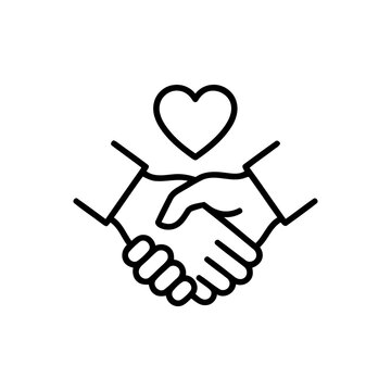 A line art icon illustrating a handshake and a heart symbol above it, representing partnership, reconciliation, friendship, or mutual respect.