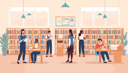 Flat illustration of a modern library interior with diverse students reading and studying among bookshelves and tables, depicting a calm academic environment. © Roma