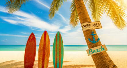 Obraz premium Colorful surfboards standing in white sand on a tropical beach under a palm tree. Signs for surf area hang from the trunk overlooking a turquoise ocean. Summer vacation concept, ideal for coastal.