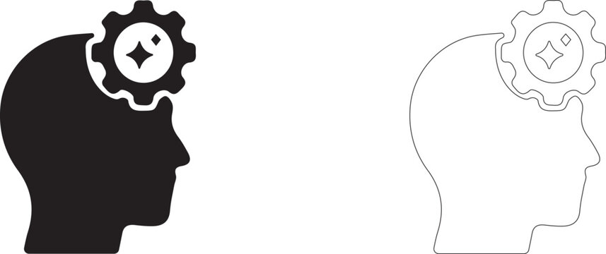 Head with glowing gear inside vector icon filled and outline, mindset optimization and continuous improvement symbol.