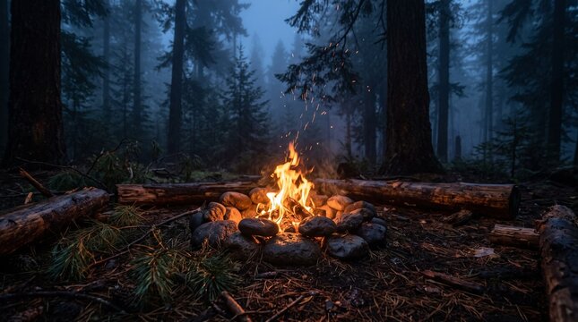 Campfire in a serene forest setting, warm glow surrounded by trees
