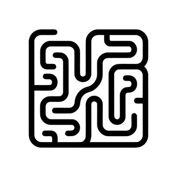 Abstract black and white maze icon with thick, rounded lines forming a complex labyrinth, representing a puzzle or challenge in a simple, geometric style.