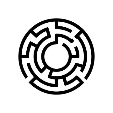 Circle maze puzzle icon showcasing spiral labyrinth design with distinct paths for intellectual challenge and strategic thinking exercises in clean minimal vector line art graphic form.