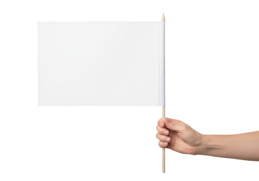 A hand holding a small blank white flag on a wooden stick for your design project isolated on transparent background