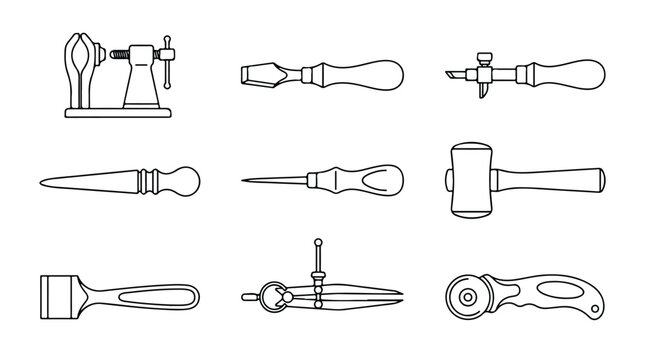 Leathercraft tools collection, professional leather working equipment set in line art style, 9 manual hand tool icons for shoemaking and saddlery