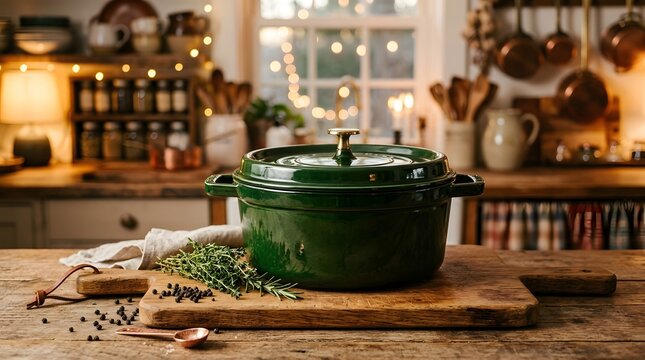 Green enameled cast iron dutch oven on rustic wooden table in warm cozy farmhouse kitchen.