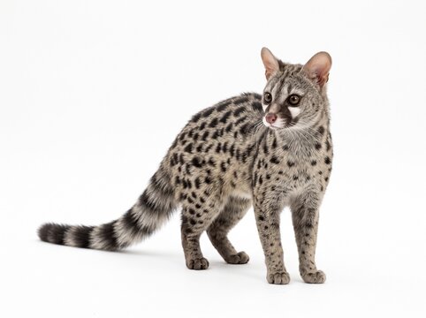 Wild common genet standing alert against a pure white backdrop, highlighting detailed coat patterns for studio portraiture