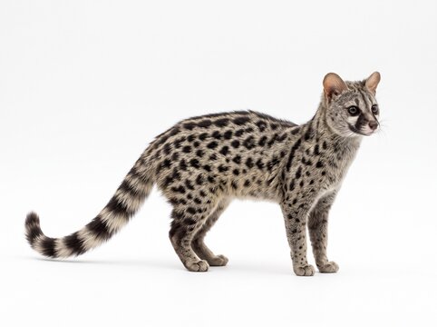 Exotic small carnivore genet with distinct markings and bushy ringed tail, isolated on white for commercial photography use