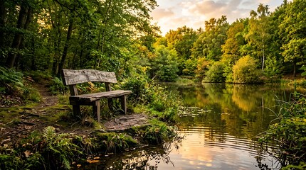 Wooden bench by the calm lake in a beautiful autumn forest at sunset. forest bench setup © Colorium Studio