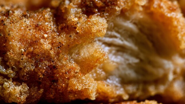 A macro texture study focusing on crunchy coating, seasoning granules, and juicy meat fibers within crispy fried chicken