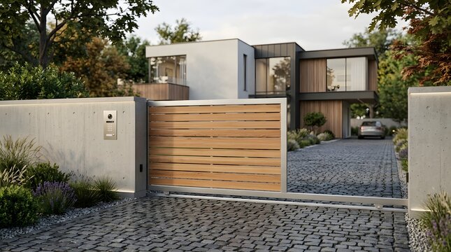 Modern sliding wooden gate for luxury residential house with cobblestone driveway and wall.