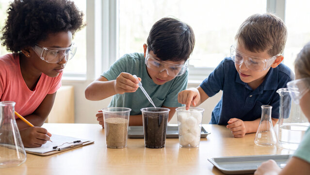 Students wearing safety goggles perform a scientific experiment with soil and cotton while sitting at a desk in a modern school laboratory.