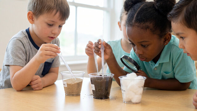 Children examine soil samples and cotton using magnifying glasses and droppers to learn about natural science in a bright classroom setting.