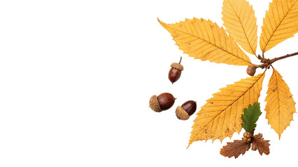 Branch of golden autumn oak leaves with acorns isolated on transparent background cut out © 1png-stock