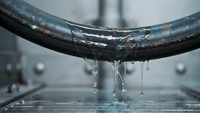 Close-up of water dripping from a black rubber pipe onto a metallic surface
