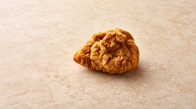 A minimalist commercial composition featuring a single piece of crispy fried chicken positioned on a pale limestone background with vast negative space