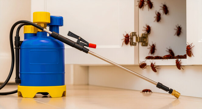 Blue pest control sprayer pointed at cockroach infestation in a kitchen cabinet. Extermination equipment treating a bug-infested cupboard. Pest management concept for exterminator services.