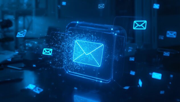 Digital email icon glowing in a dark tech background