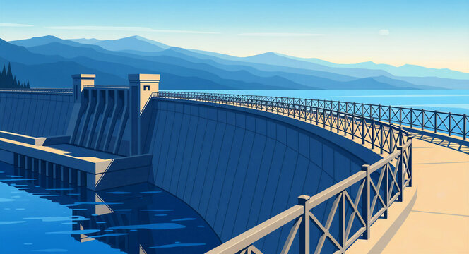 Illustration of a large hydroelectric dam and reservoir under a clear sky. The scene features massive concrete walls and blue mountains. Clean energy and civil engineering industry concept.