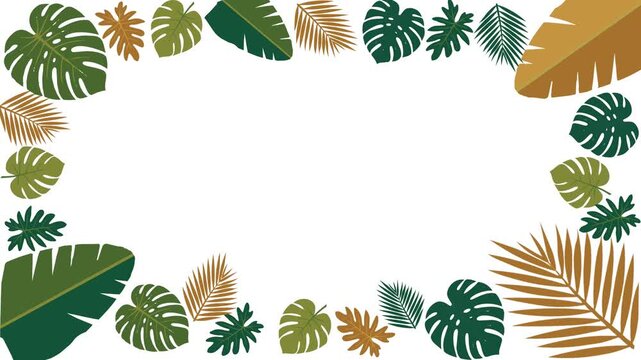 Tropical leaves frame on white background with copy space, featuring various botanical elements like monstera, palm fronds, and other exotic foliage for natural design templates.