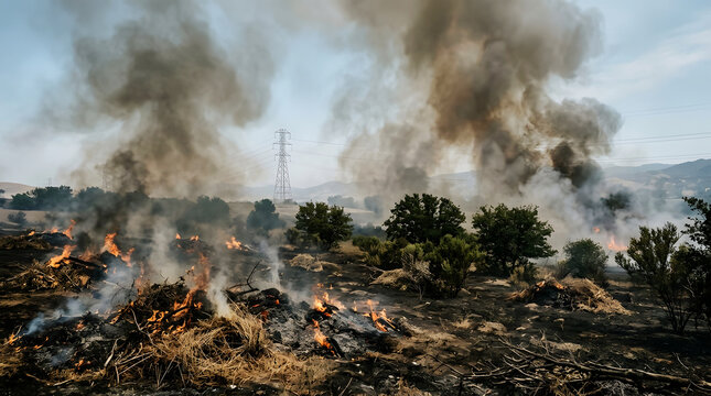 Wildfire smoke billowing over scorched, dry landscape with utility pole forest flames