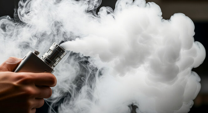 Hand holding electronic cigarette emitting thick white vapor. Close-up of a vaping device against a dark background. Smoking alternative concept, ideal for health awareness or vape retail marketing.