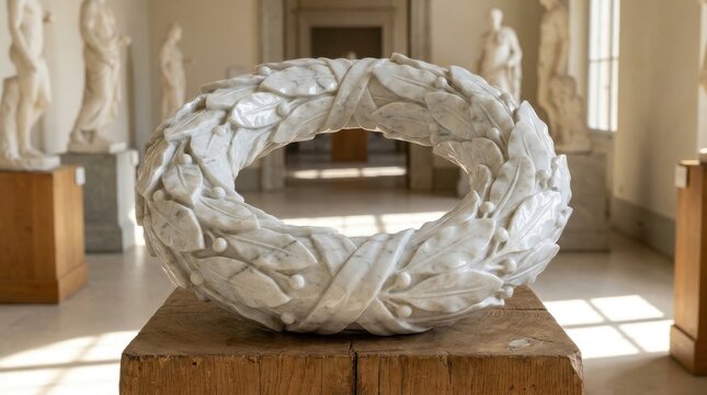 Marble laurel wreath sculpture on pedestal in classical museum gallery with statues
