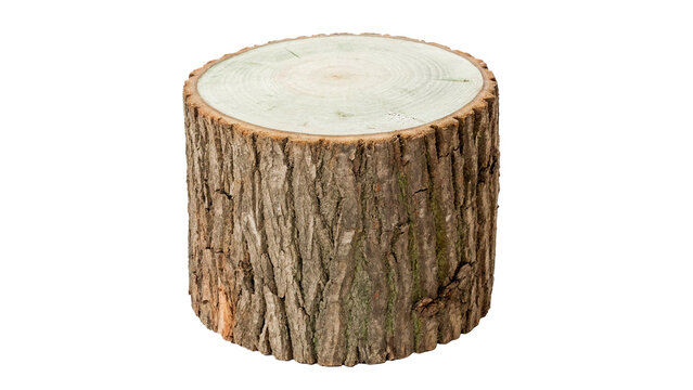 Polished round tree log section standing straight isolated on transparent background cut out