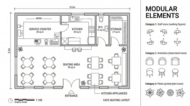 Architectural floor plan of cafe seating layout, modular elements for restaurant interior design, professional blueprint with furniture icons and kitchen scale