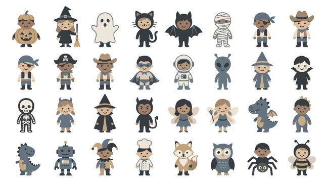 Cartoon Halloween character avatars in festive costumes.