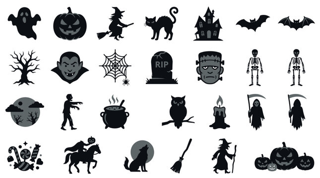 Classic Halloween silhouette icons for spooky decor.