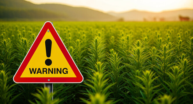 Yellow warning sign in a green agricultural field at sunset. Alert symbol placed in a rural landscape among plants. Environmental risk and safety concept for agricultural marketing and safety.