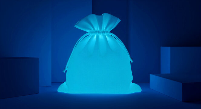 Glowing neon cyan drawstring bag on a dark blue geometric background. Digital wireframe texture pouch emitting a bright light. Concept for digital assets, fintech, and crypto security.