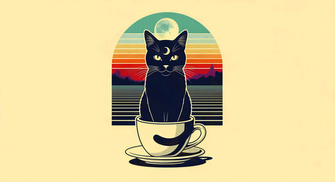 Black cat sitting in a coffee cup against a retro sunset. Mystical feline illustration with a vintage striped background. Vaporwave aesthetic design, perfect for cafe decor and t-shirt prints.