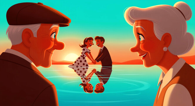 Elderly couple looking at each other with their younger selves reflected in the water at sunset. Senior man and woman reminiscing about lifelong love. Nostalgia and eternal romance concept.