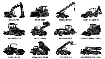 Obraz premium Twelve black silhouette illustrations of heavy construction machinery, symbolizing power, industry, and engineering precision in modern minimalist industrial design.