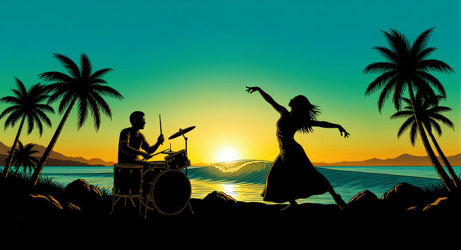 Silhouette of a drummer and a woman dancing on a tropical beach at sunset. Vibrant illustration with palm trees and ocean waves. Summer music and party concept for travel and event marketing.