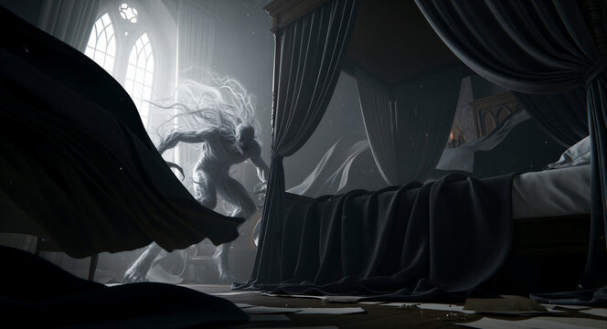 Ghostly monster entering a dark bedroom. Ethereal creature stalking a canopy bed by a gothic window. Nightmare and horror concept for psychological thrillers and sleep disorder themes.